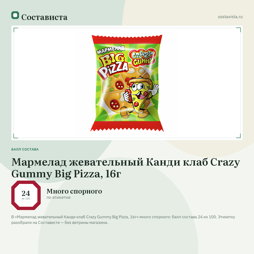 Мармелад жевательный Канди клаб Crazy Gummy Big Pizza, 16г: балл состава 24 из 100 — Состависта