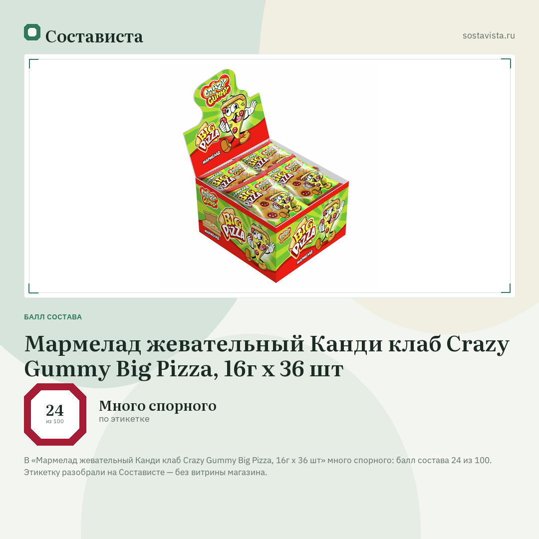 Мармелад жевательный Канди клаб Crazy Gummy Big Pizza, 16г x 36 шт: балл состава 24 из 100 — Состависта