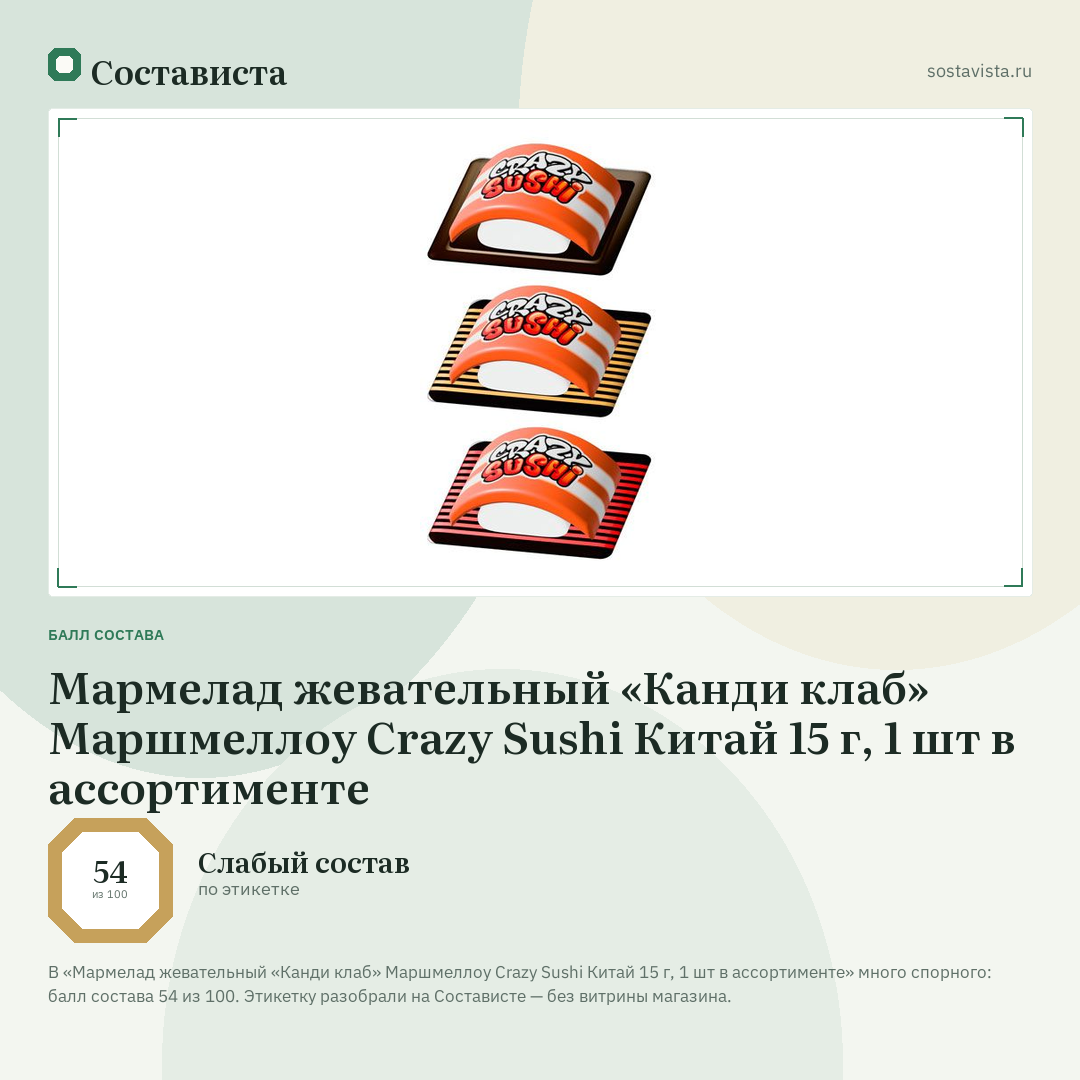 Мармелад жевательный «Канди клаб» Маршмеллоу Crazy Sushi Китай 15 г, 1 шт в ассортименте: балл состава 54 из 100 — Состависта