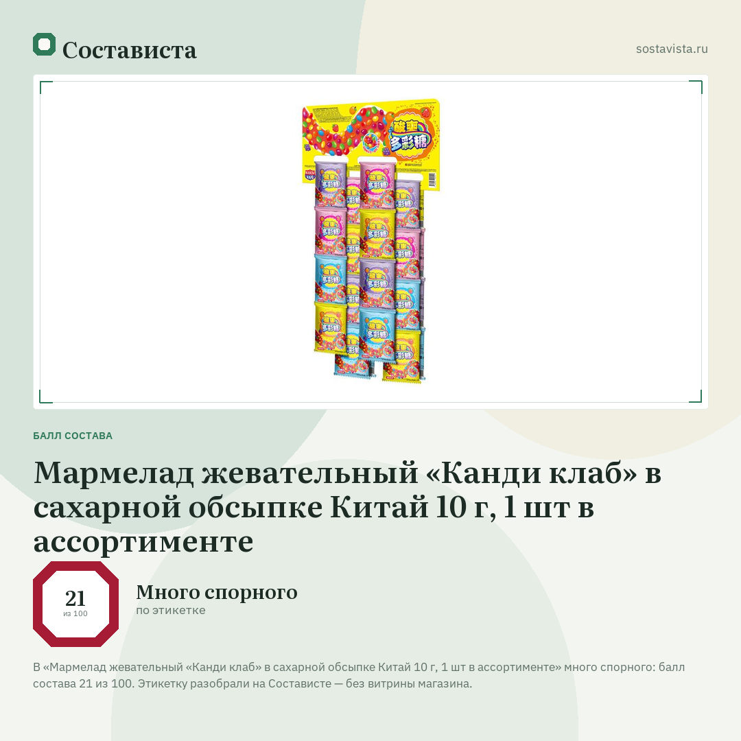 Мармелад жевательный «Канди клаб» в сахарной обсыпке Китай 10 г, 1 шт в ассортименте: балл состава 21 из 100 — Состависта