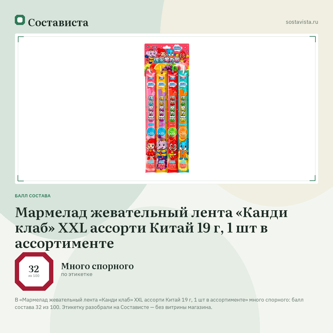 Мармелад жевательный лента «Канди клаб» XXL ассорти Китай 19 г, 1 шт в ассортименте: балл состава 32 из 100 — Состависта