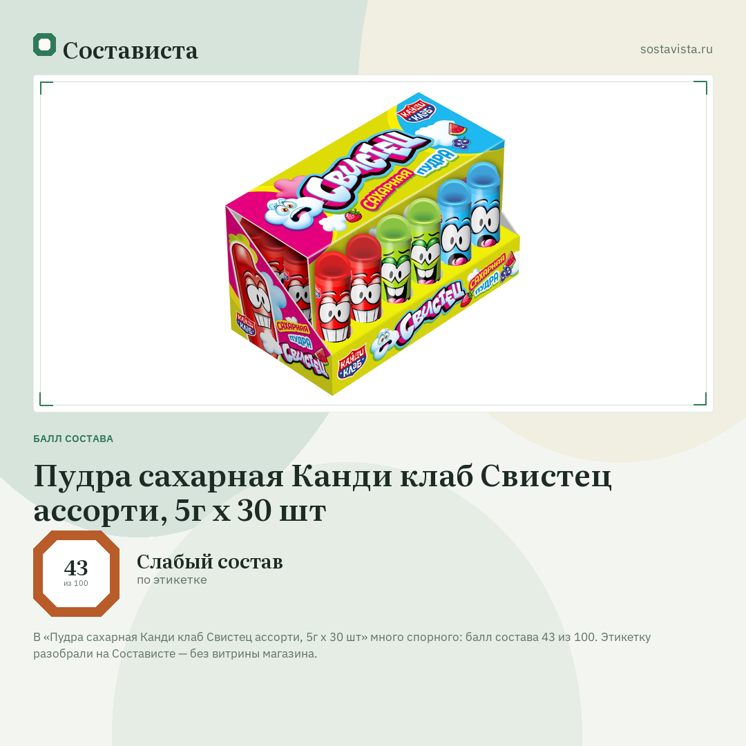 Пудра сахарная Канди клаб Свистец ассорти, 5г x 30 шт: балл состава 43 из 100 — Состависта
