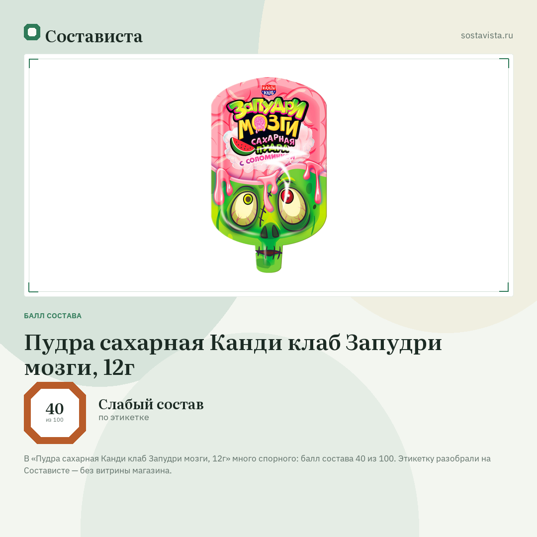 Пудра сахарная Канди клаб Запудри мозги, 12г: балл состава 40 из 100 — Состависта