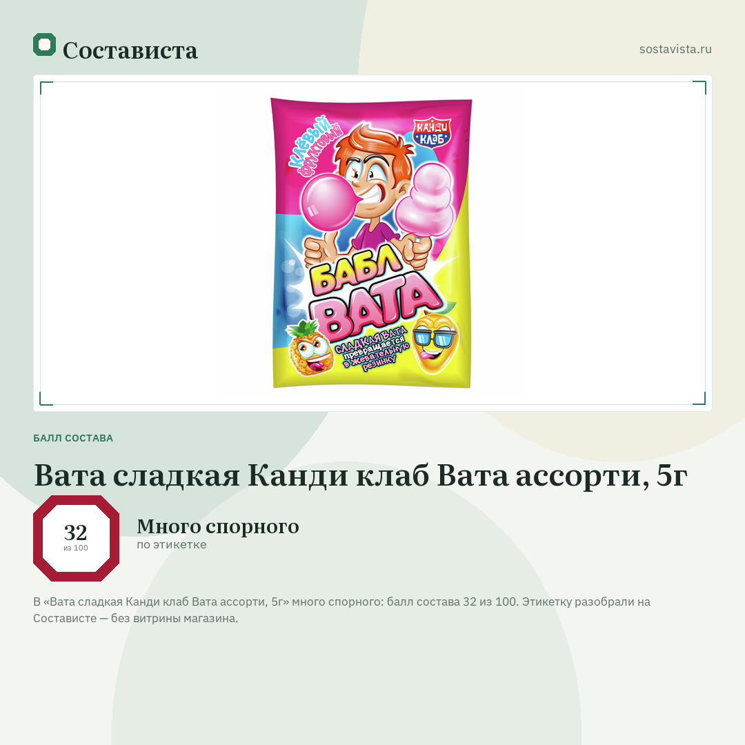 Вата сладкая Канди клаб Вата ассорти, 5г: балл состава 32 из 100 — Состависта