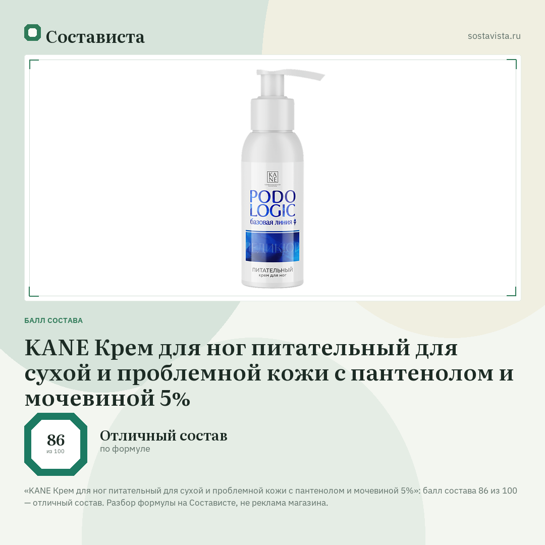 KANE Крем для ног питательный для сухой и проблемной кожи с пантенолом и мочевиной 5%: балл состава 86 из 100 — Состависта