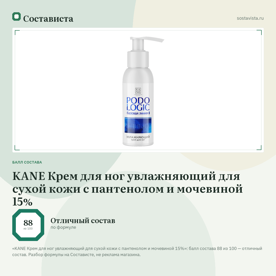 KANE Крем для ног увлажняющий для сухой кожи с пантенолом и мочевиной 15%: балл состава 88 из 100 — Состависта