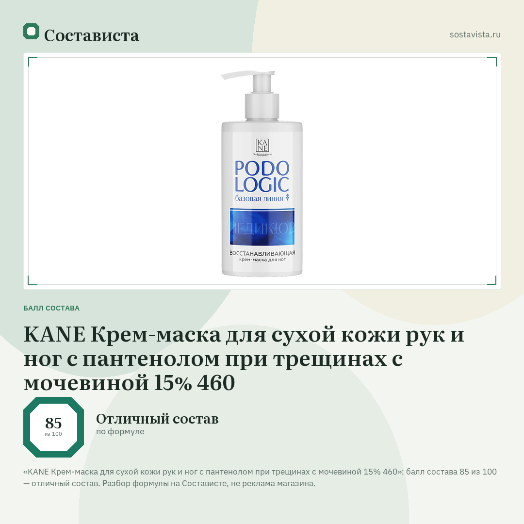 KANE Крем-маска для сухой кожи рук и ног с пантенолом при трещинах с мочевиной 15% 460: балл состава 85 из 100 — Состависта