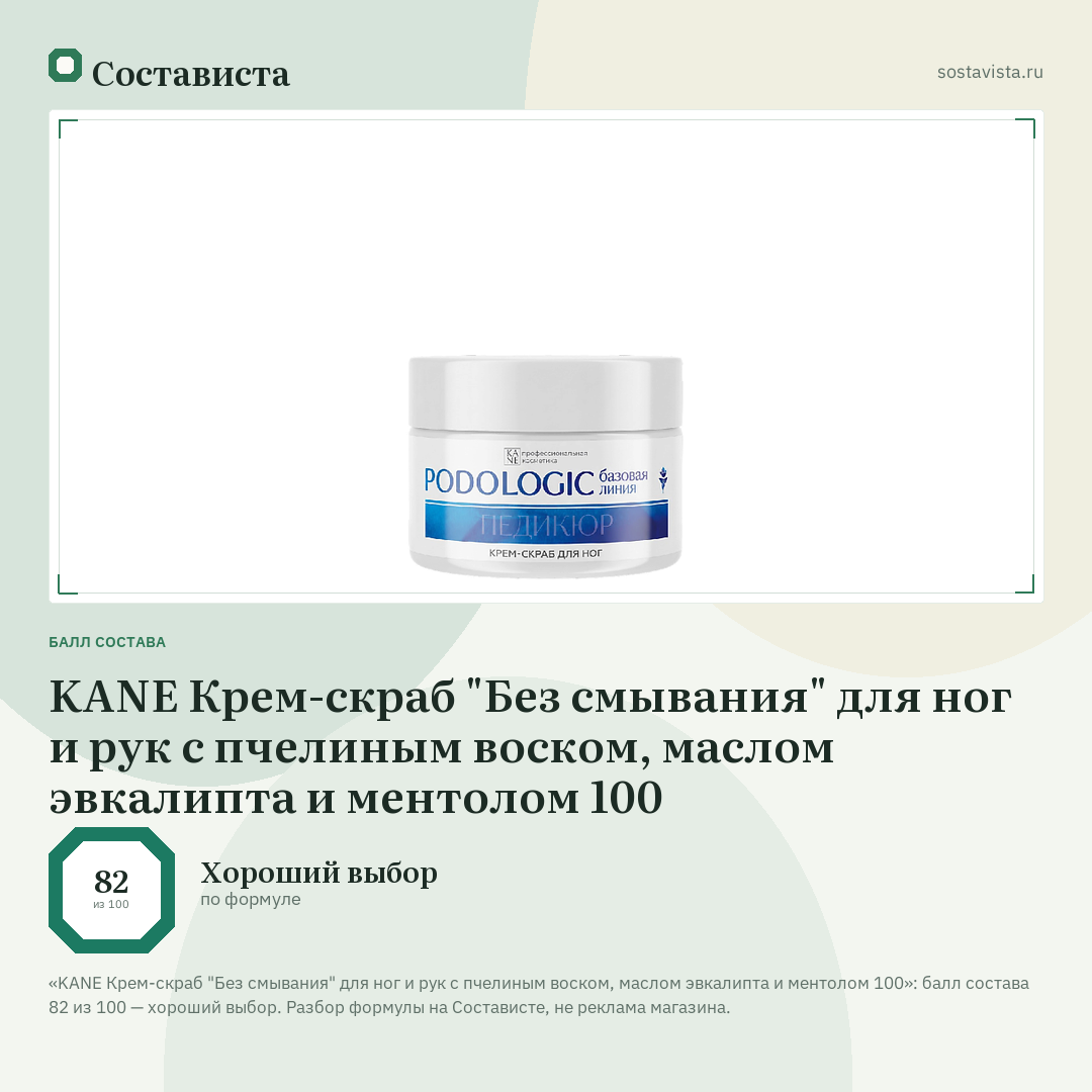 KANE Крем-скраб "Без смывания" для ног и рук с пчелиным воском, маслом эвкалипта и ментолом 100: балл состава 82 из 100 — Состависта
