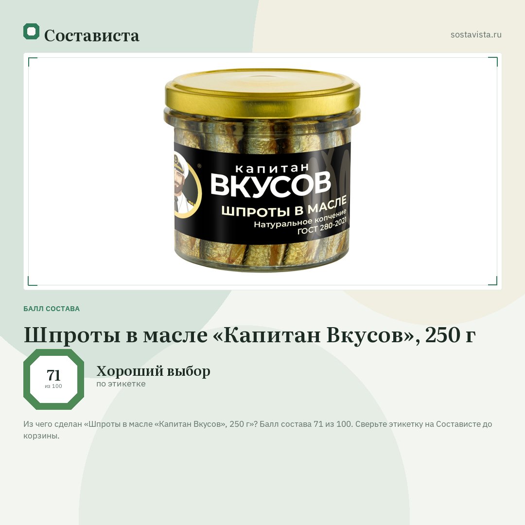 Шпроты в масле «Капитан Вкусов», 250 г: балл состава 71 из 100 — Состависта