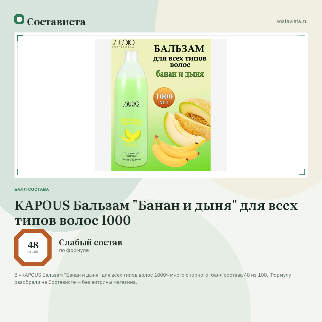 KAPOUS Бальзам "Банан и дыня" для всех типов волос 1000: балл состава 48 из 100 — Состависта