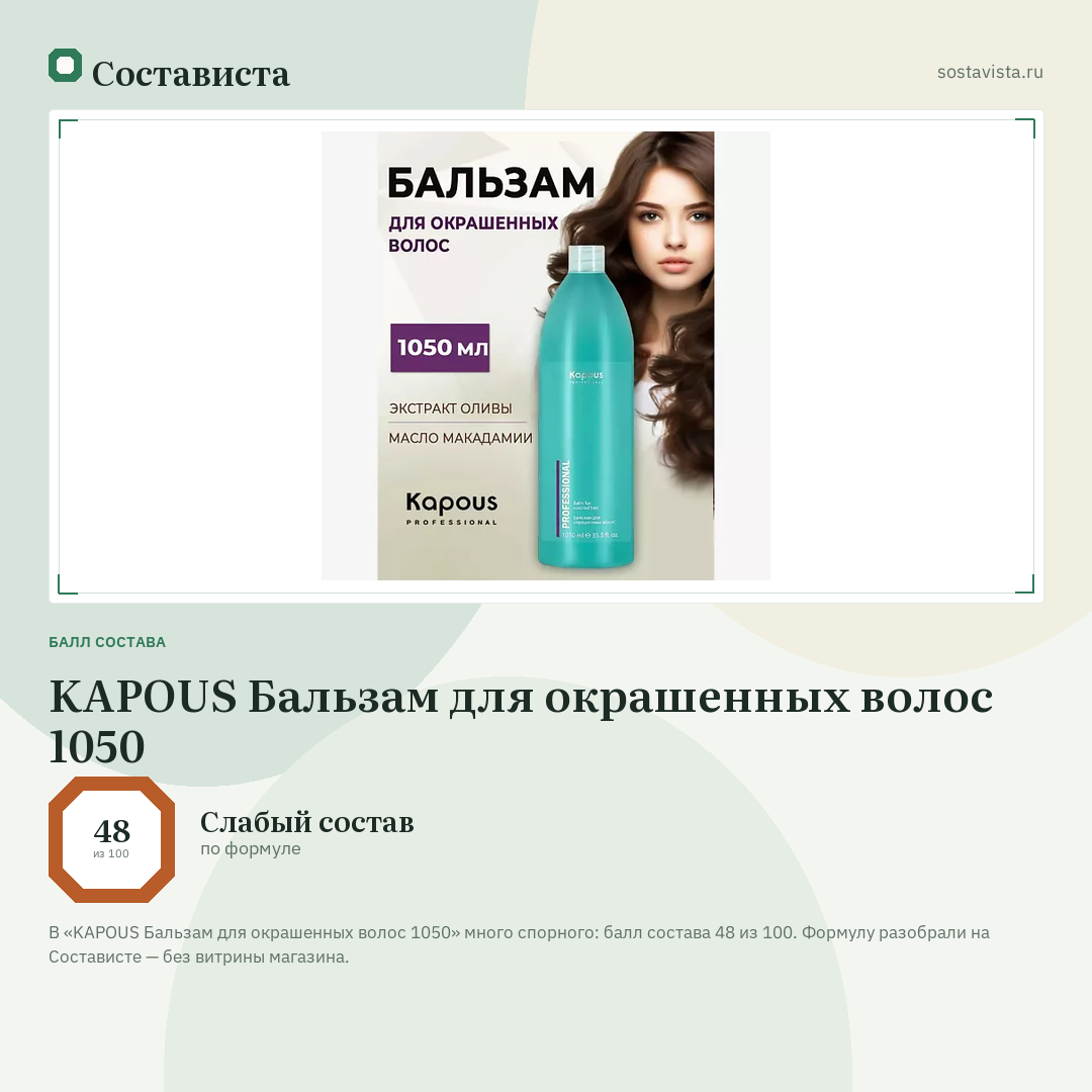 KAPOUS Бальзам для окрашенных волос 1050: балл состава 48 из 100 — Состависта
