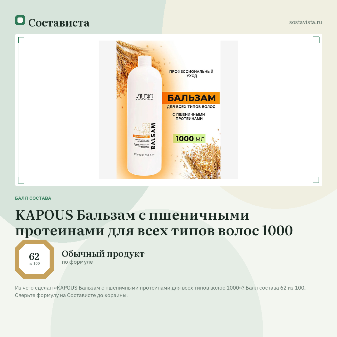 KAPOUS Бальзам с пшеничными протеинами для всех типов волос 1000: балл состава 62 из 100 — Состависта