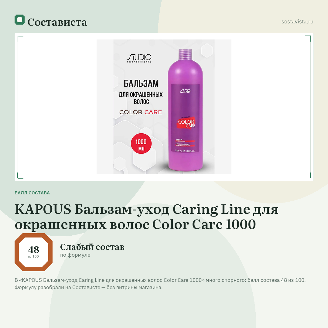 KAPOUS Бальзам-уход Caring Line для окрашенных волос Color Care 1000: балл состава 48 из 100 — Состависта