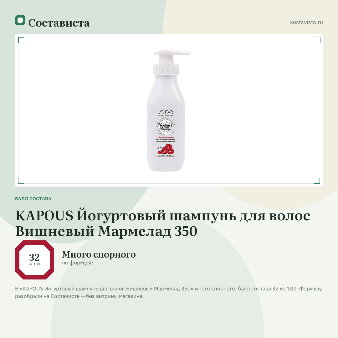 KAPOUS Йогуртовый шампунь для волос Вишневый Мармелад 350: балл состава 32 из 100 — Состависта