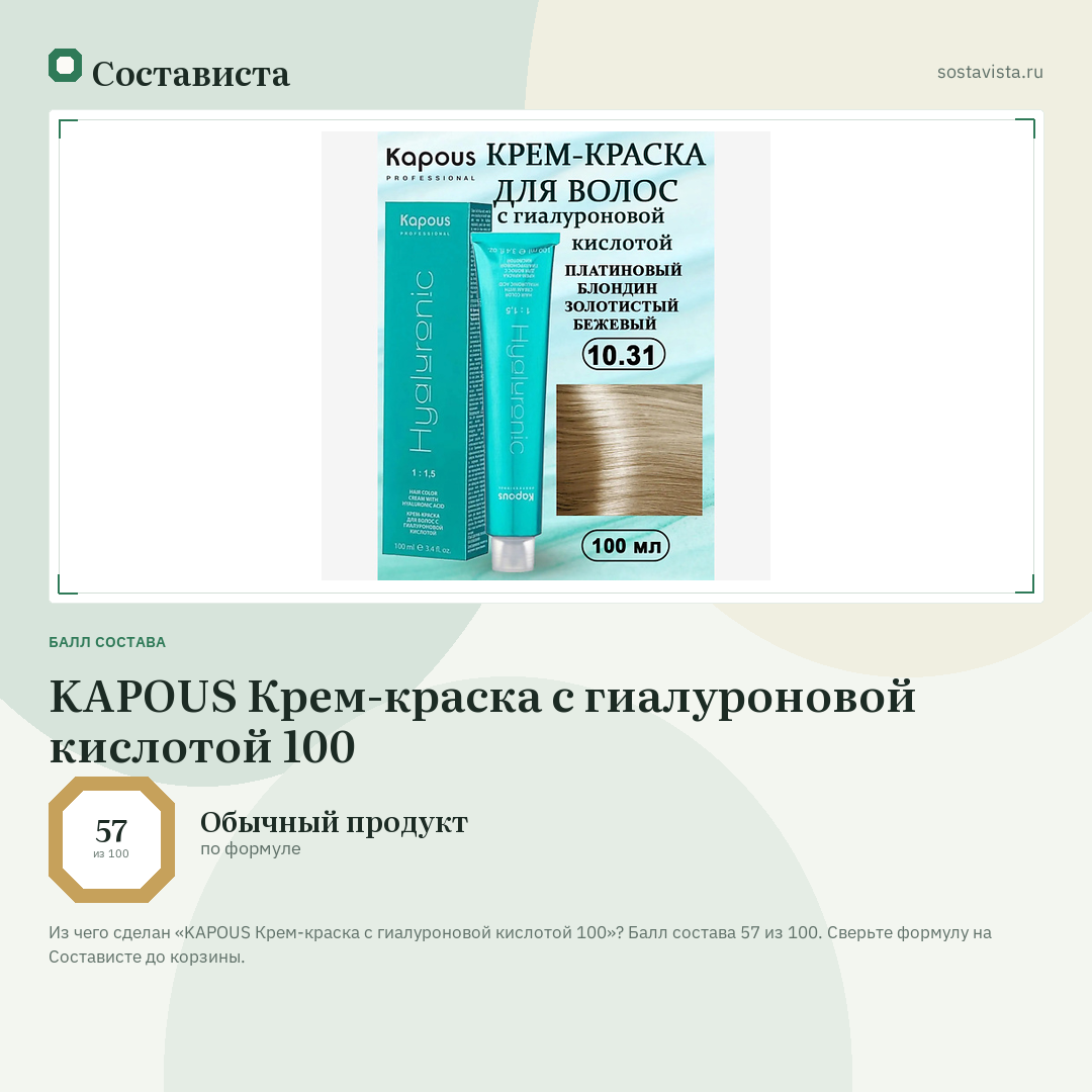 KAPOUS Крем-краска с гиалуроновой кислотой 100: балл состава 57 из 100 — Состависта