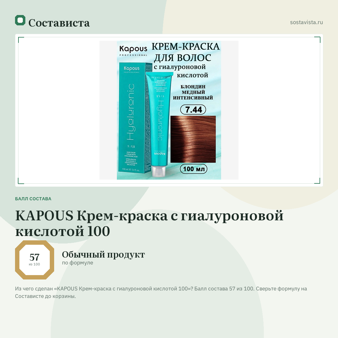 KAPOUS Крем-краска с гиалуроновой кислотой 100: балл состава 57 из 100 — Состависта
