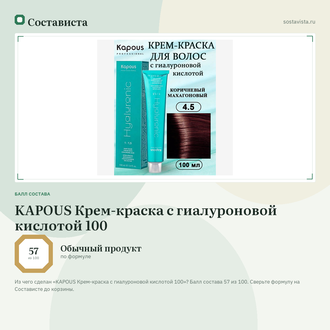 KAPOUS Крем-краска с гиалуроновой кислотой 100: балл состава 57 из 100 — Состависта