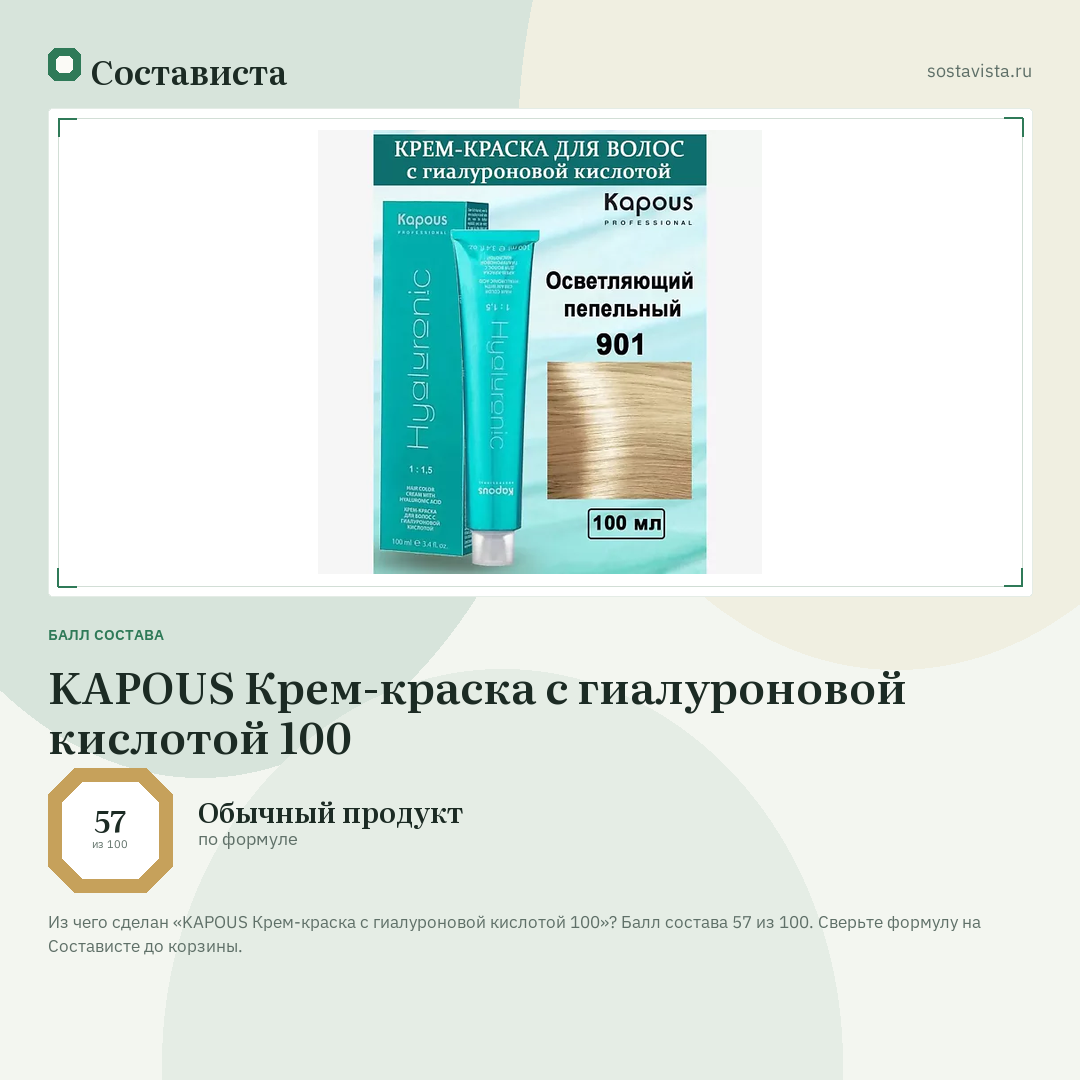 KAPOUS Крем-краска с гиалуроновой кислотой 100: балл состава 57 из 100 — Состависта