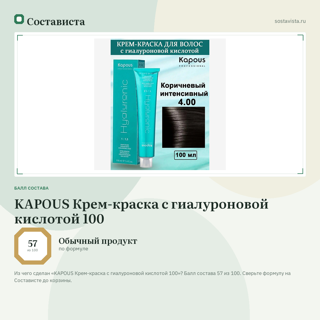 KAPOUS Крем-краска с гиалуроновой кислотой 100: балл состава 57 из 100 — Состависта