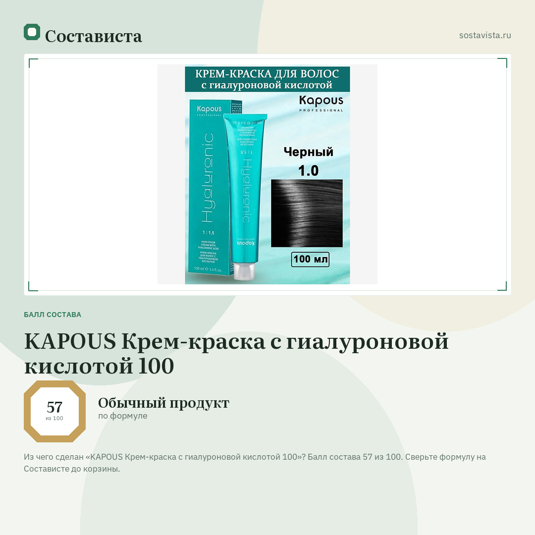 KAPOUS Крем-краска с гиалуроновой кислотой 100: балл состава 57 из 100 — Состависта