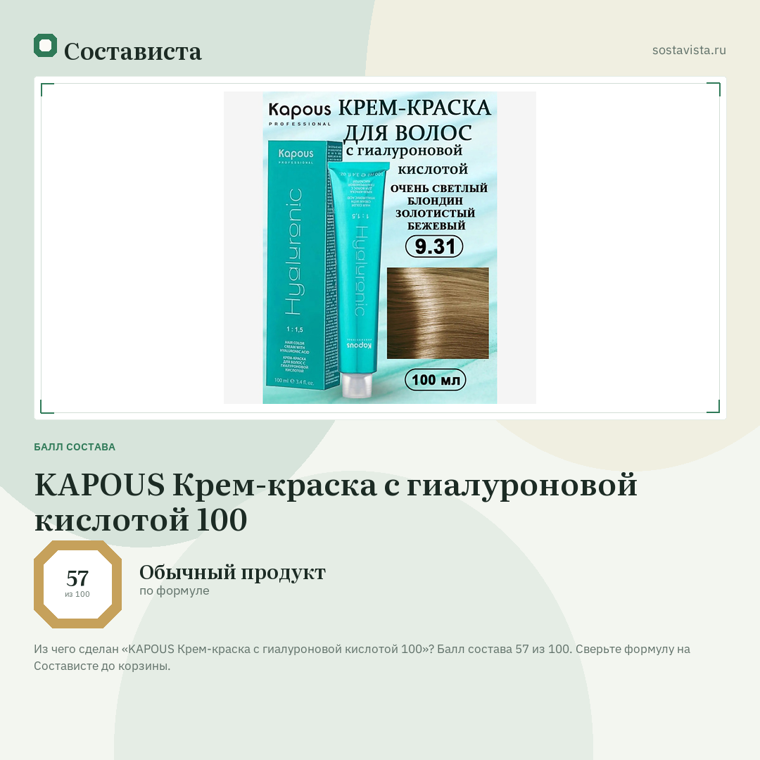 KAPOUS Крем-краска с гиалуроновой кислотой 100: балл состава 57 из 100 — Состависта