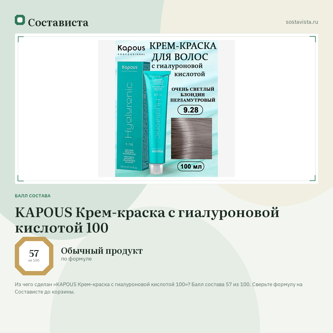 KAPOUS Крем-краска с гиалуроновой кислотой 100: балл состава 57 из 100 — Состависта