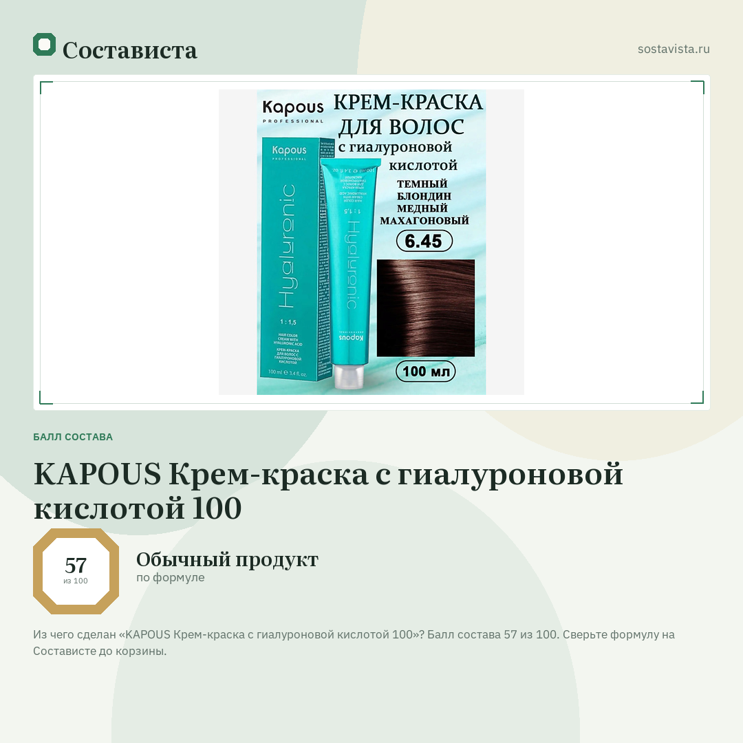 KAPOUS Крем-краска с гиалуроновой кислотой 100: балл состава 57 из 100 — Состависта
