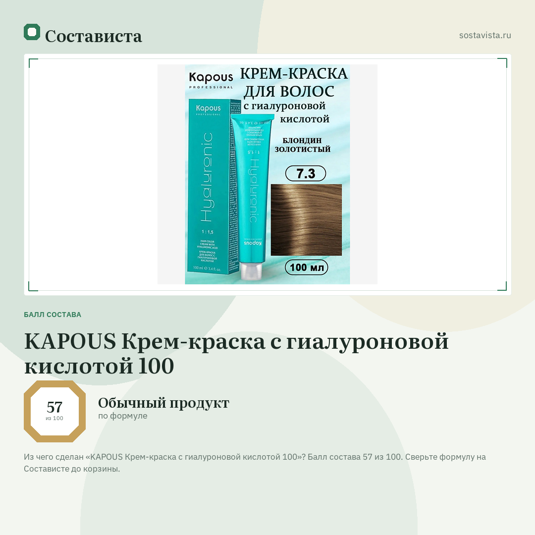 KAPOUS Крем-краска с гиалуроновой кислотой 100: балл состава 57 из 100 — Состависта