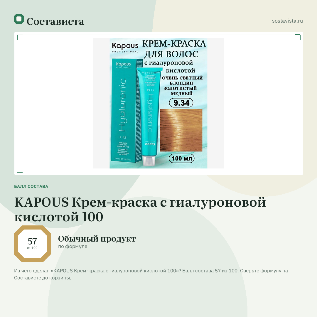KAPOUS Крем-краска с гиалуроновой кислотой 100: балл состава 57 из 100 — Состависта