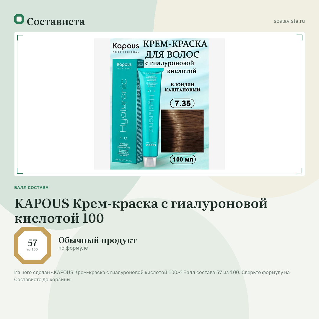 KAPOUS Крем-краска с гиалуроновой кислотой 100: балл состава 57 из 100 — Состависта