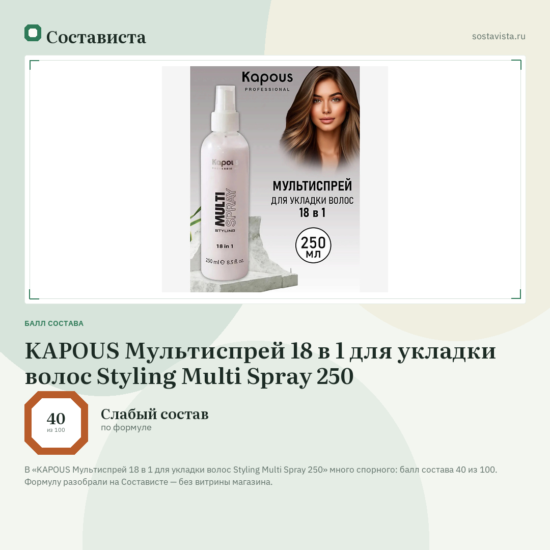 KAPOUS Мультиспрей 18 в 1 для укладки волос Styling Multi Spray 250: балл состава 40 из 100 — Состависта