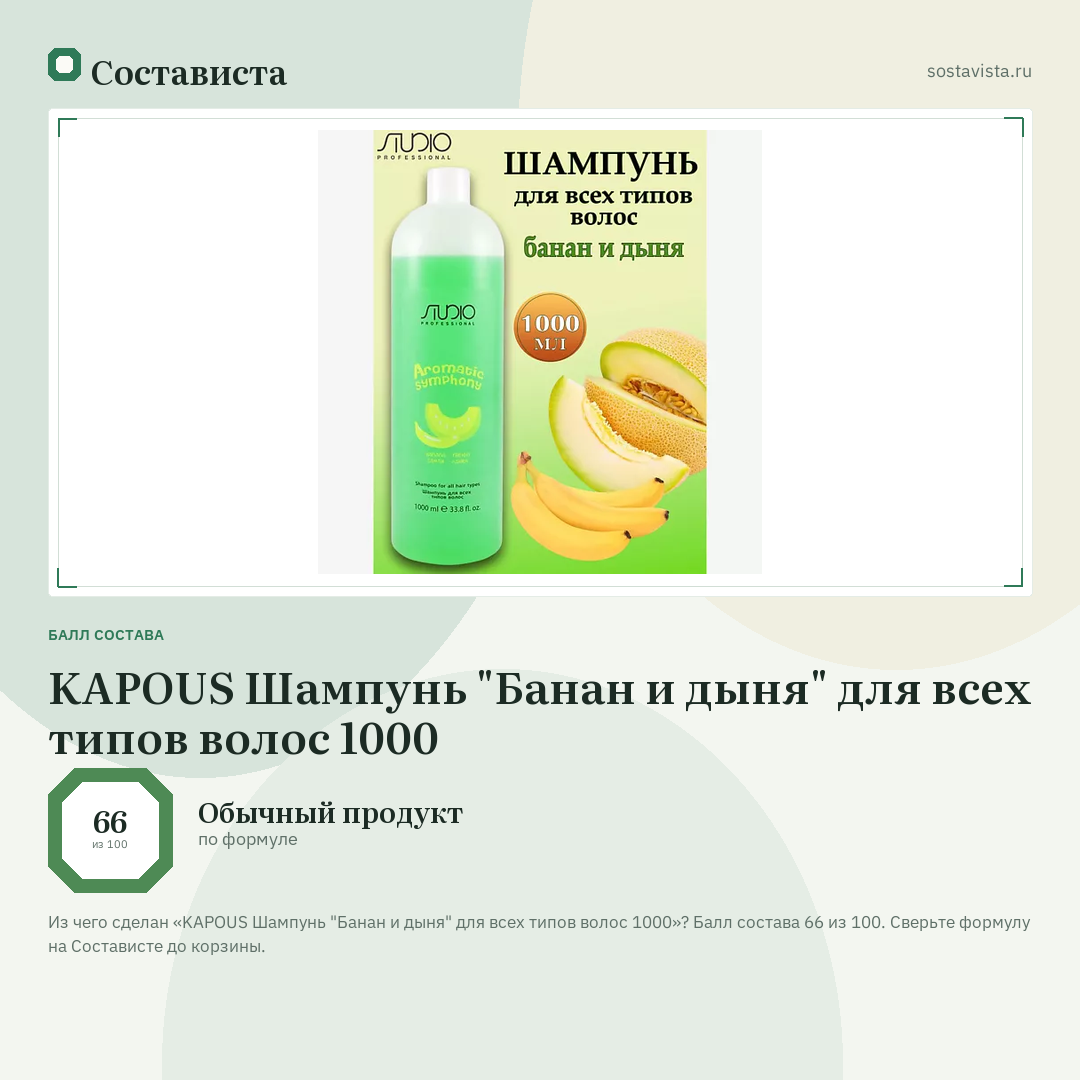 KAPOUS Шампунь "Банан и дыня" для всех типов волос 1000: балл состава 66 из 100 — Состависта