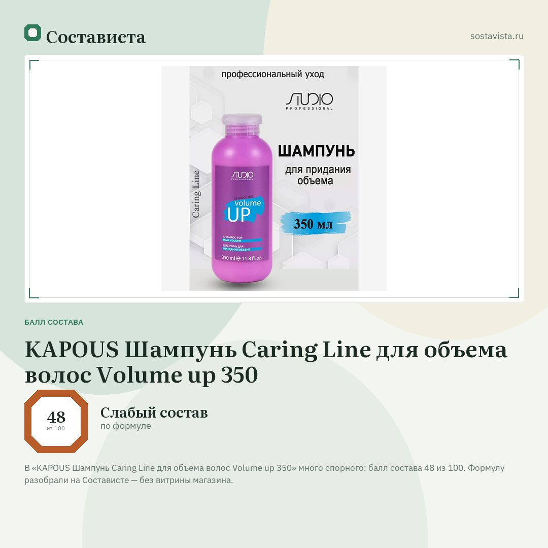 KAPOUS Шампунь Caring Line для объема волос Volume up 350: балл состава 48 из 100 — Состависта