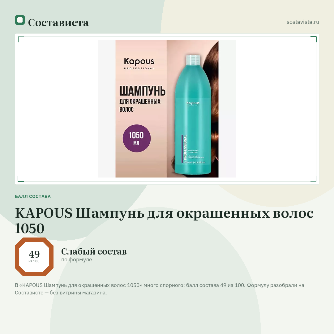 KAPOUS Шампунь для окрашенных волос 1050: балл состава 49 из 100 — Состависта