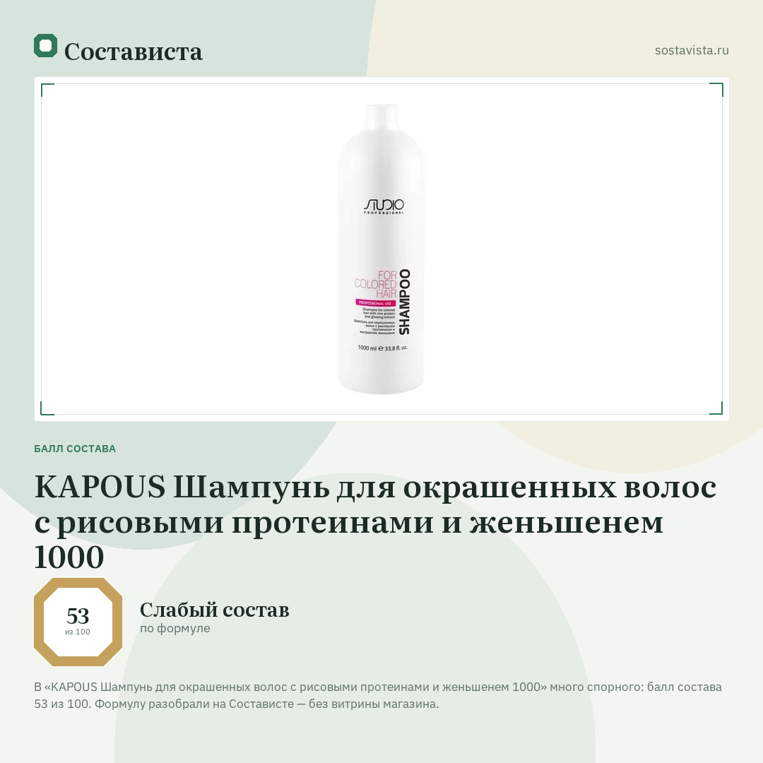 KAPOUS Шампунь для окрашенных волос с рисовыми протеинами и женьшенем 1000: балл состава 53 из 100 — Состависта