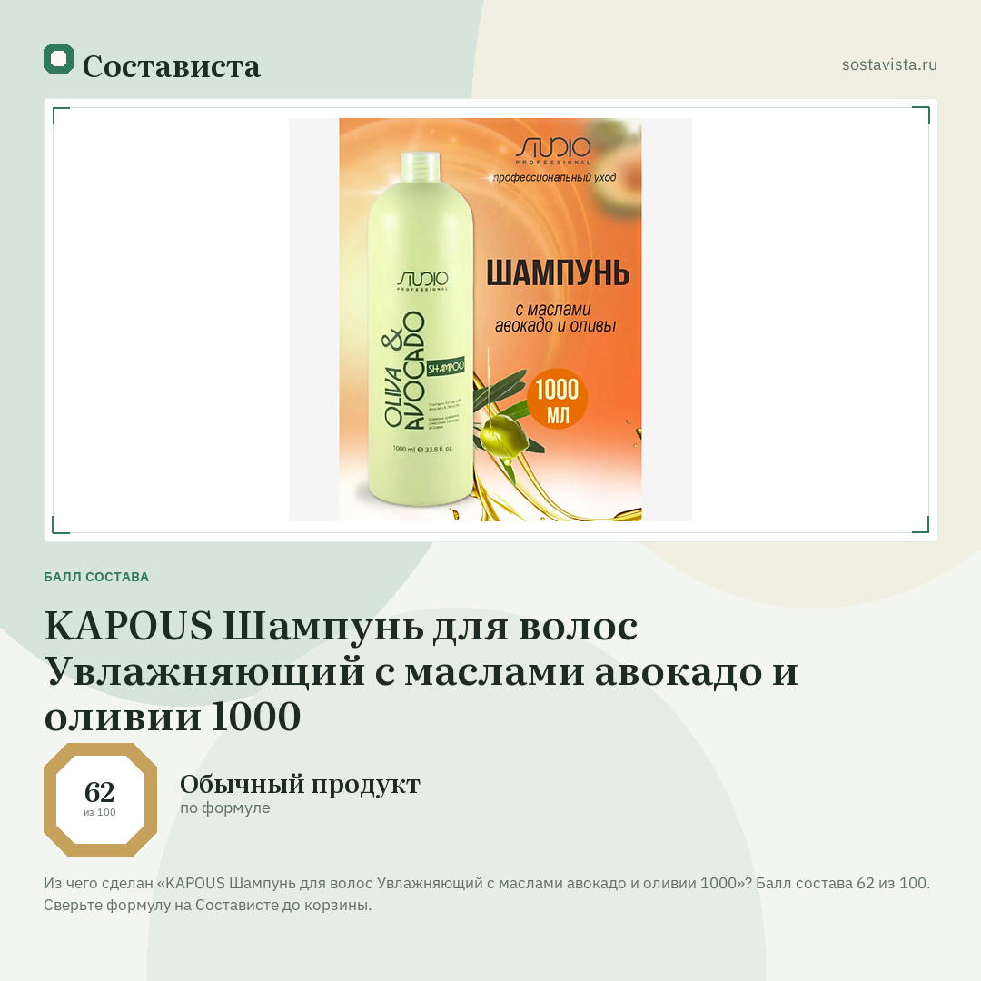 KAPOUS Шампунь для волос Увлажняющий с маслами авокадо и оливии 1000: балл состава 62 из 100 — Состависта