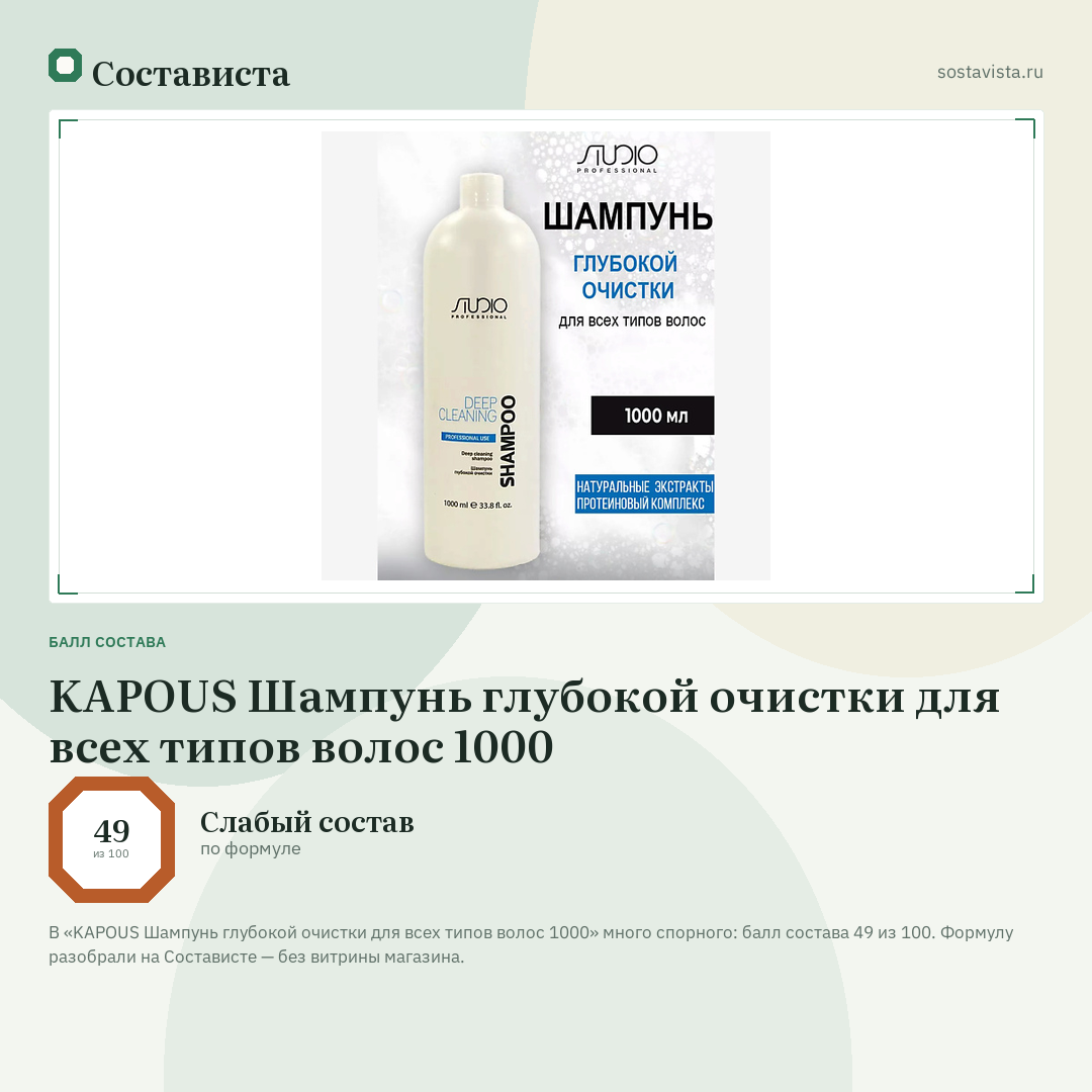 KAPOUS Шампунь глубокой очистки для всех типов волос 1000: балл состава 49 из 100 — Состависта