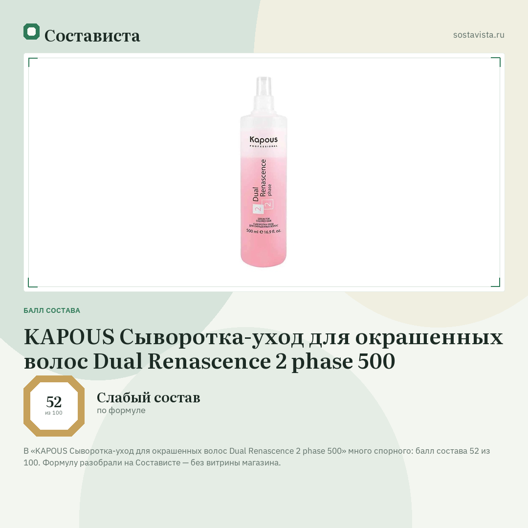 KAPOUS Сыворотка-уход для окрашенных волос Dual Renascence 2 phase 500: балл состава 52 из 100 — Состависта