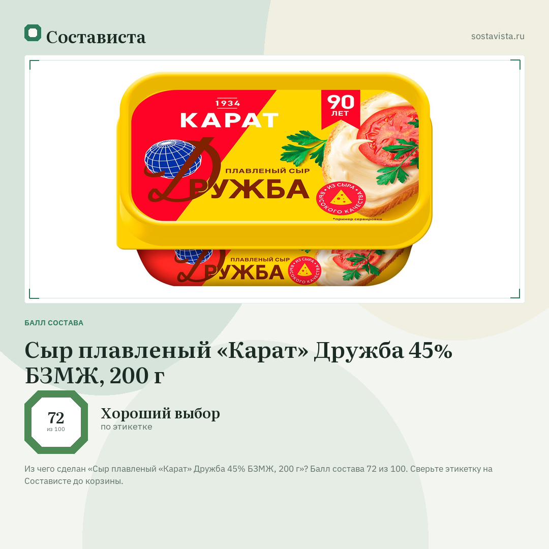 Сыр плавленый «Карат» Дружба 45% БЗМЖ, 200 г: балл состава 72 из 100 — Состависта