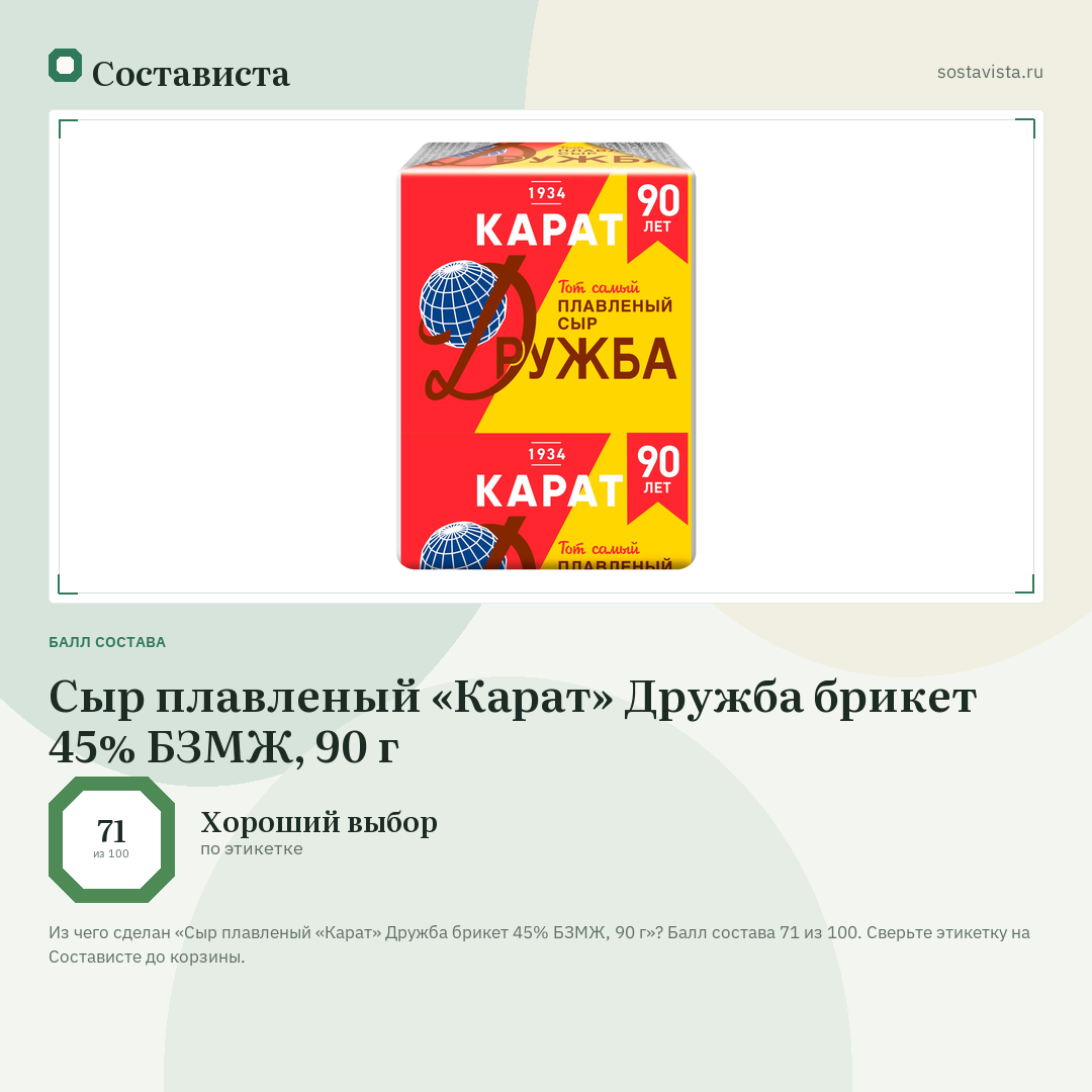 Сыр плавленый «Карат» Дружба брикет 45% БЗМЖ, 90 г: балл состава 71 из 100 — Состависта
