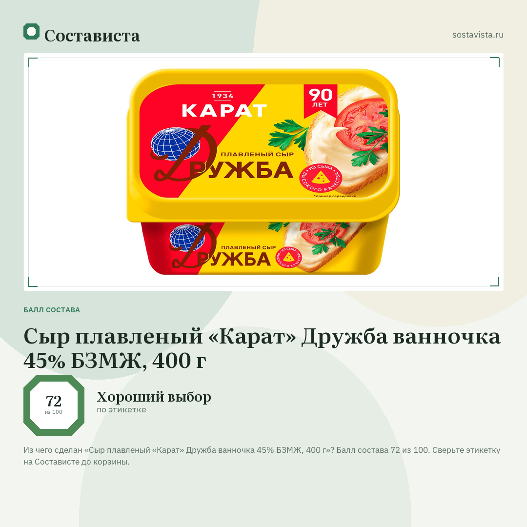 Сыр плавленый «Карат» Дружба ванночка 45% БЗМЖ, 400 г: балл состава 72 из 100 — Состависта