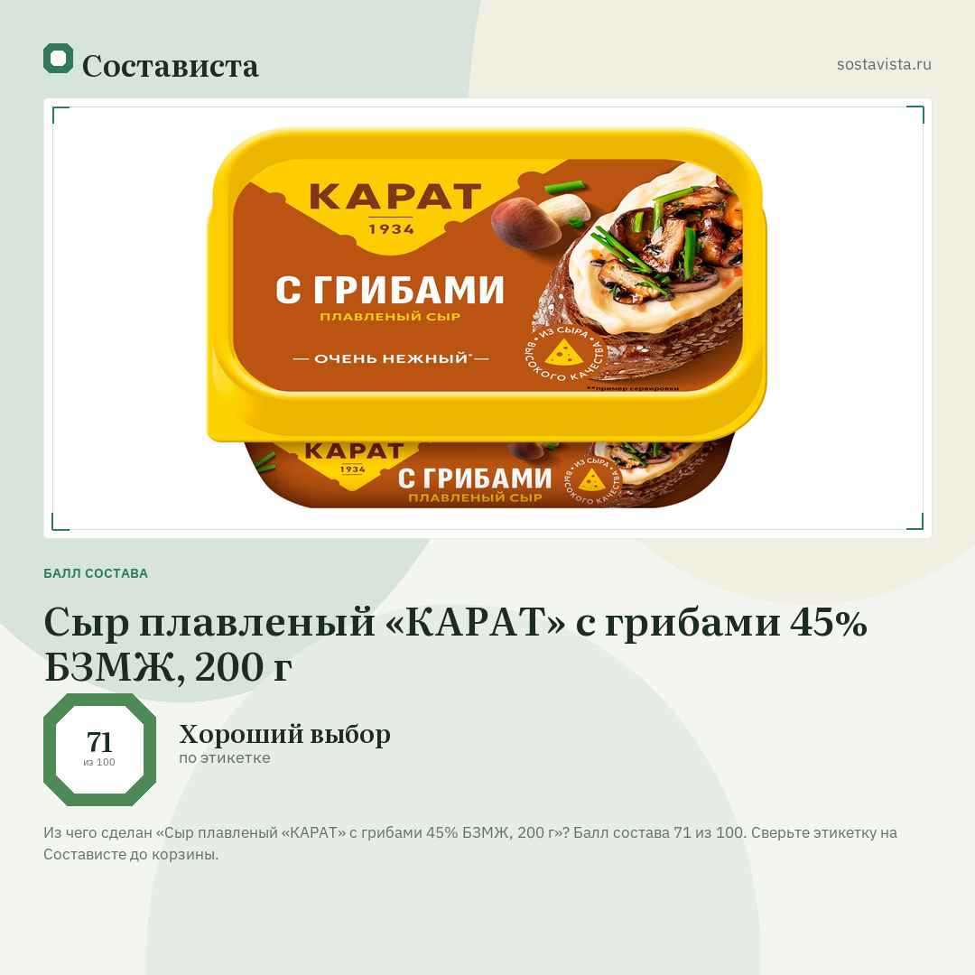 Сыр плавленый «КАРАТ» с грибами 45% БЗМЖ, 200 г: балл состава 71 из 100 — Состависта