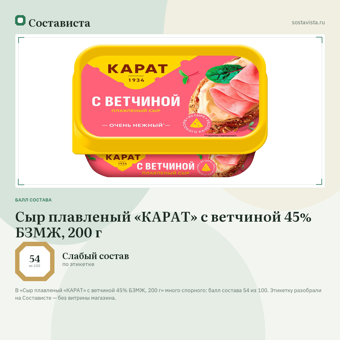 Сыр плавленый «КАРАТ» с ветчиной 45% БЗМЖ, 200 г: балл состава 54 из 100 — Состависта