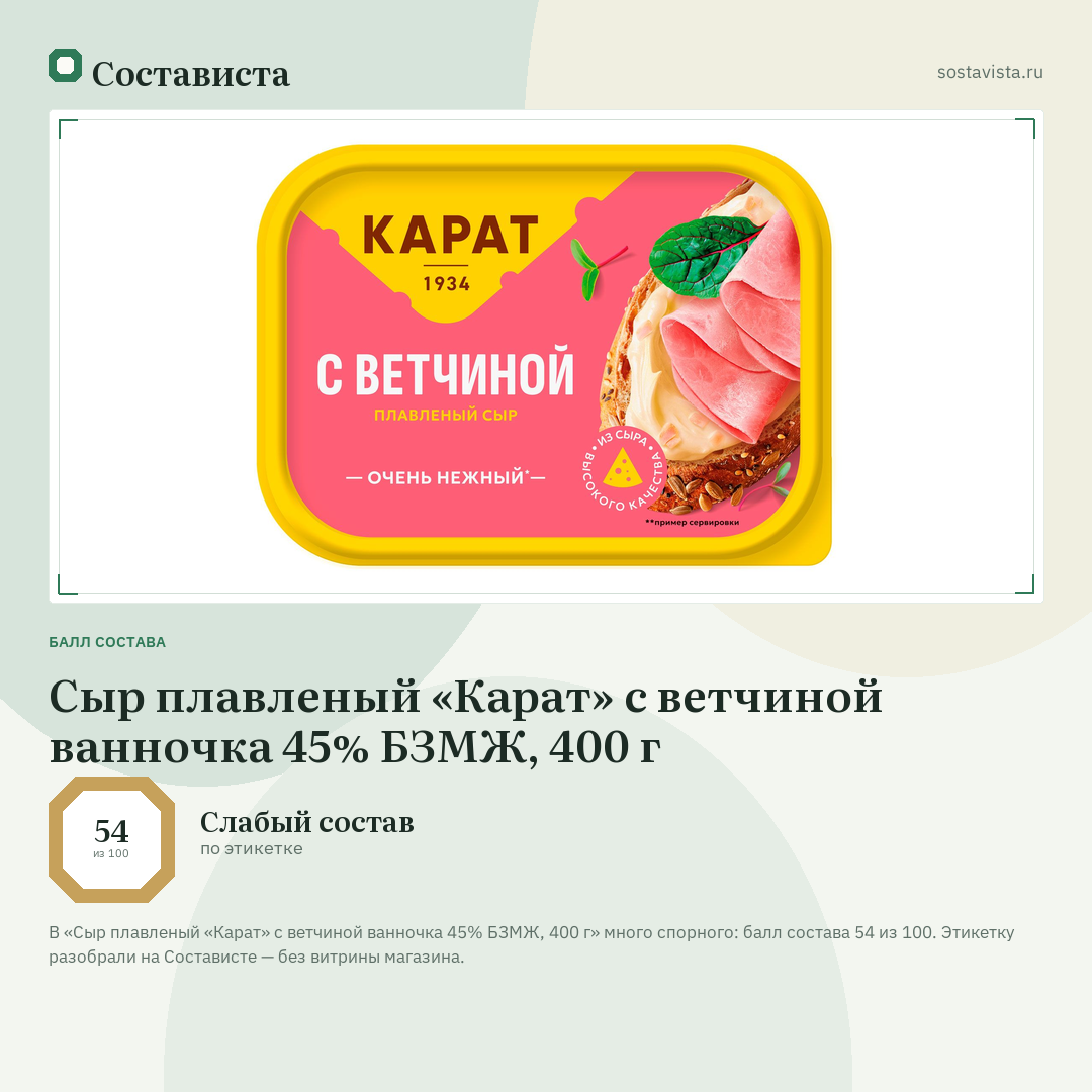 Сыр плавленый «Карат» с ветчиной ванночка 45% БЗМЖ, 400 г: балл состава 54 из 100 — Состависта