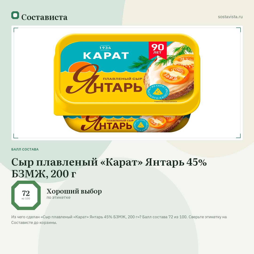 Сыр плавленый «Карат» Янтарь 45% БЗМЖ, 200 г: балл состава 72 из 100 — Состависта