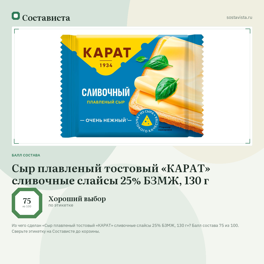 Сыр плавленый тостовый «КАРАТ» сливочные слайсы 25% БЗМЖ, 130 г: балл состава 75 из 100 — Состависта