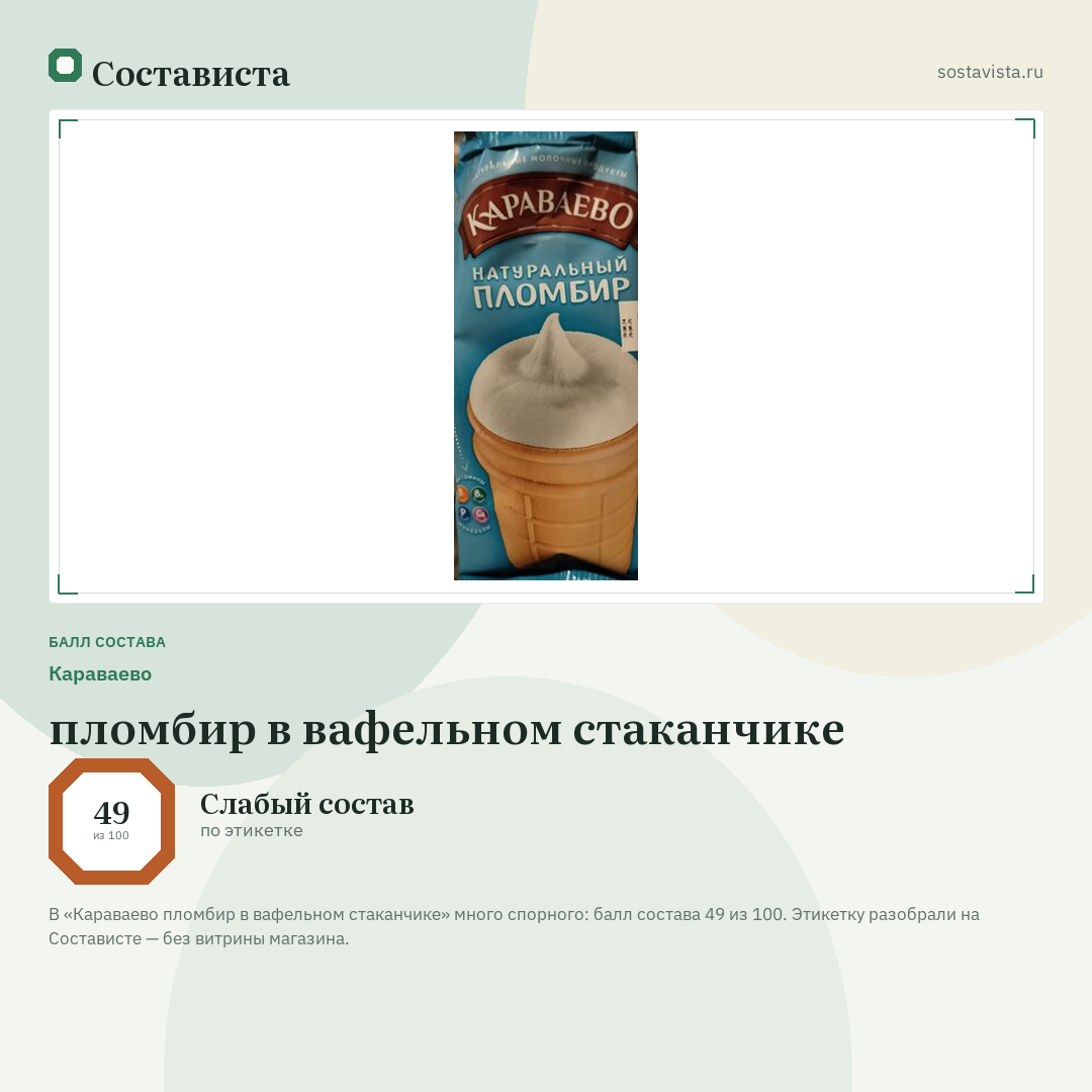 Караваево пломбир в вафельном стаканчике: балл состава 49 из 100 — Состависта