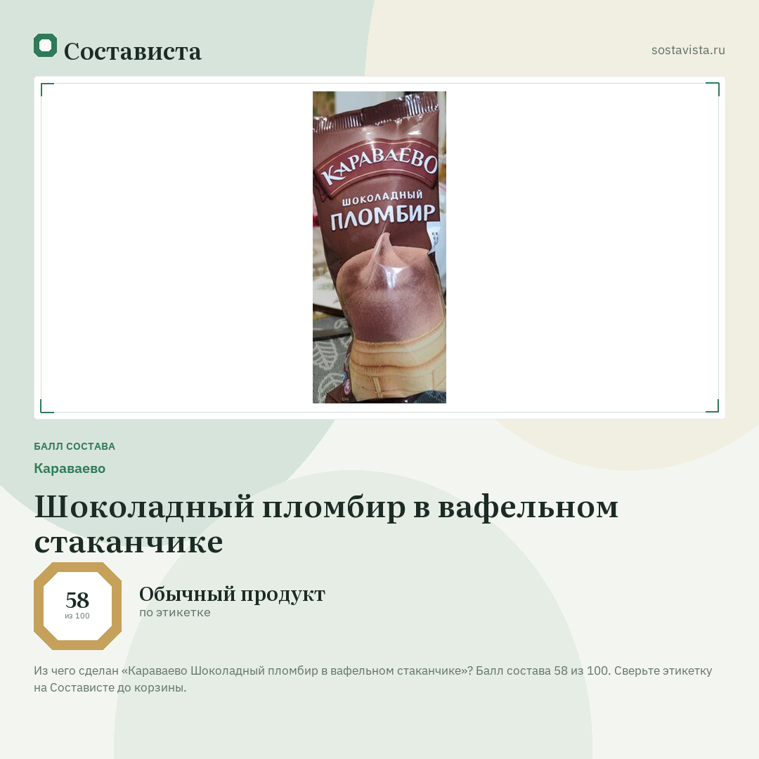 Караваево Шоколадный пломбир в вафельном стаканчике: балл состава 58 из 100 — Состависта