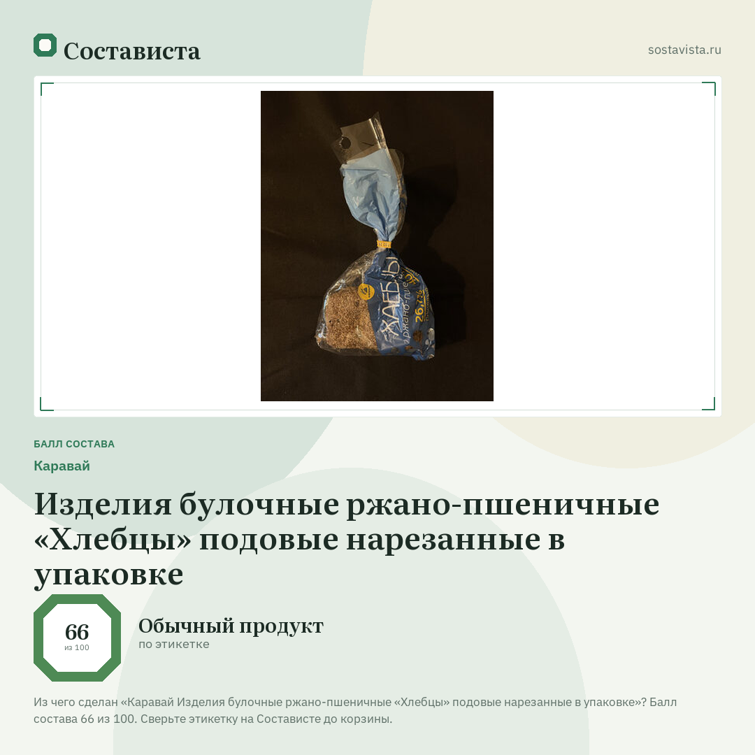 Каравай Изделия булочные ржано-пшеничные «Хлебцы» подовые нарезанные в упаковке: балл состава 66 из 100 — Состависта