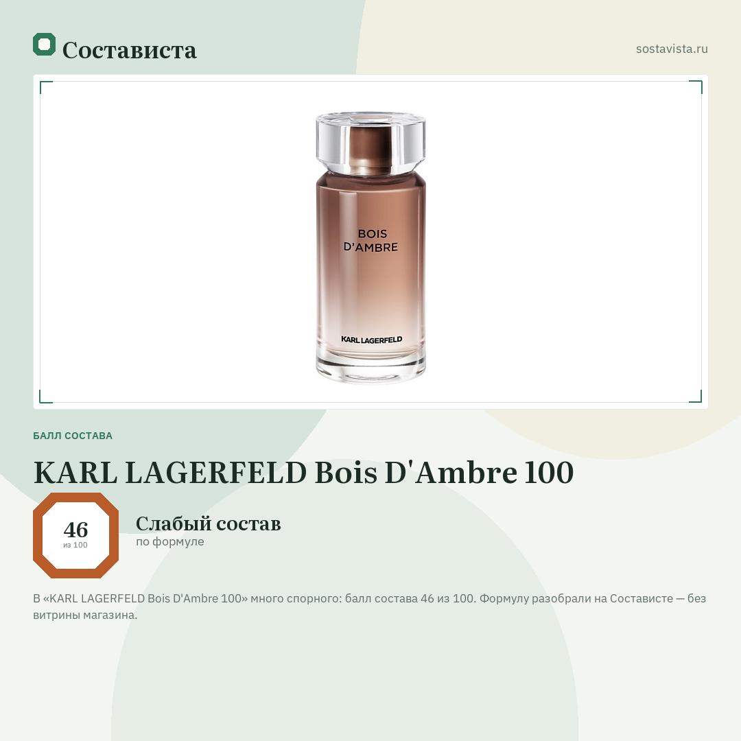 KARL LAGERFELD Bois D'Ambre 100: балл состава 46 из 100 — Состависта
